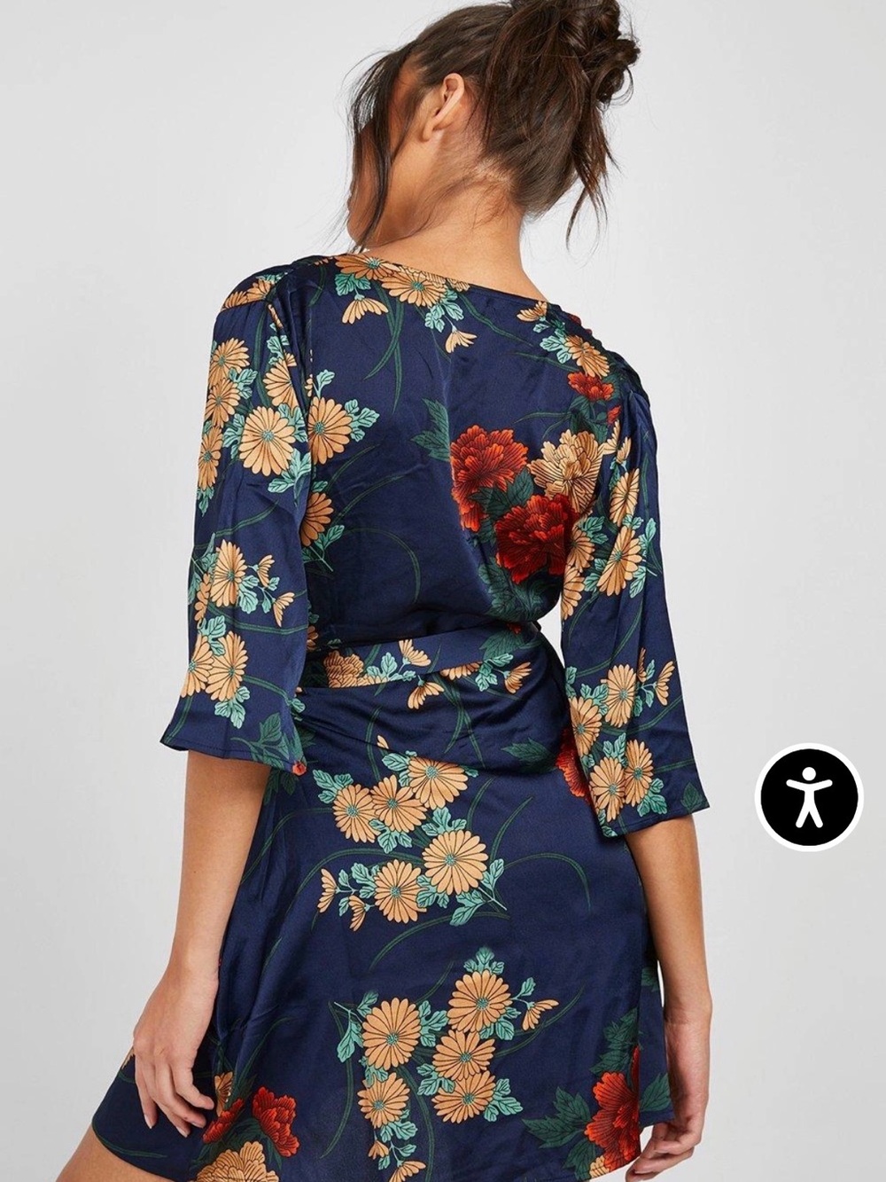 Boohoo Navy Floral Wrap Dress with Red & Beige Blooms - Picture 2 of 14